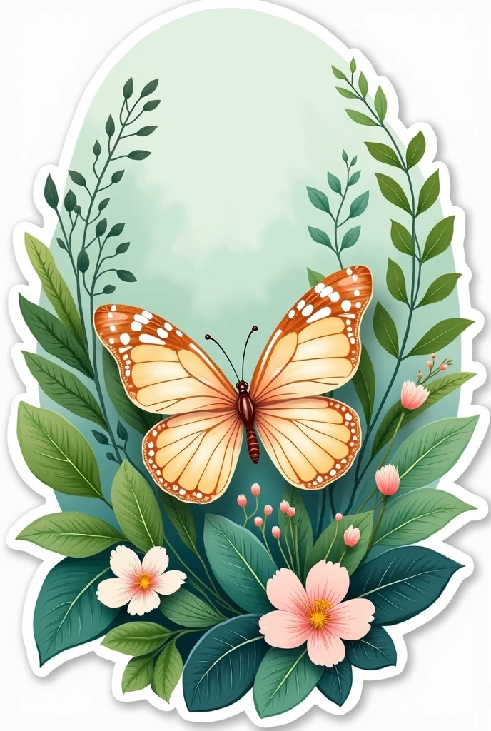 Design a nature-inspired sticker with a hand-drawn style. Include green leaves, small flowers, and a butterfly. Use a soft pastel color palette with green, light blue, and pink. No text, just the imagery."