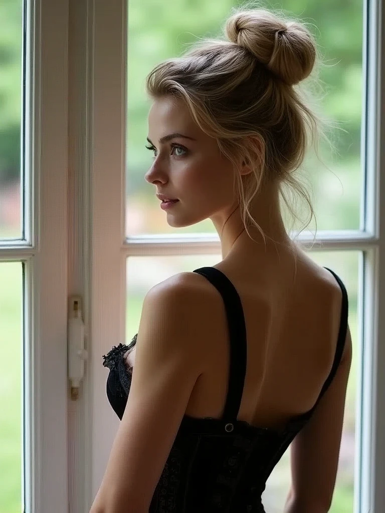1 gorgeous European blonde woman ,age 23, wavy hair with a bun, she is a men magazine model, she flirts with camera, in a corset posing in front of a window, (she looks outside, downside, through the window:1.3),jaw dropping beauty, very tight corset, (in a random color velvet and lace corset:1.2) , jaw-dropping beauty, corset, stunning appealing figure, captivating and enticing, attractive and beautiful, gorgeous face and figure