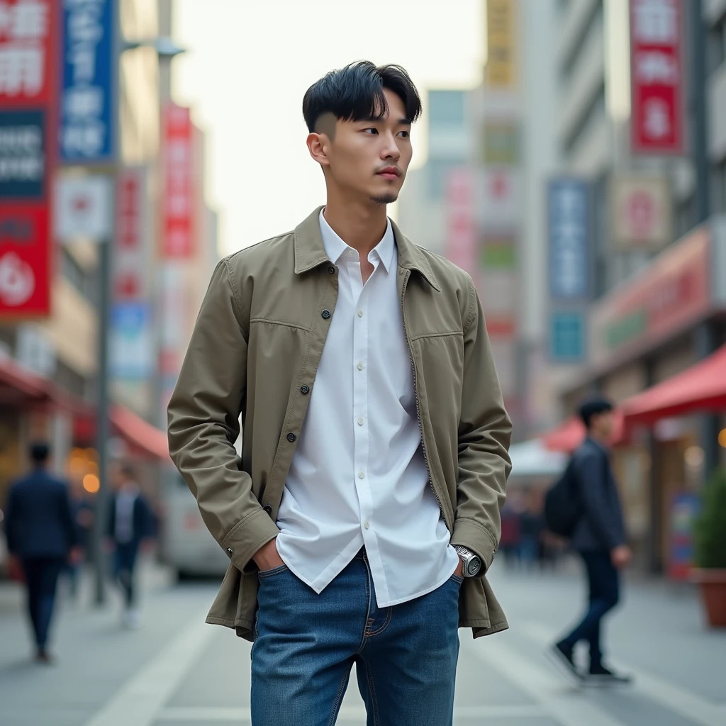 A Korean man standing in a street white shirt jeans pant and jacket, buzz cut with short Comma hairstyle