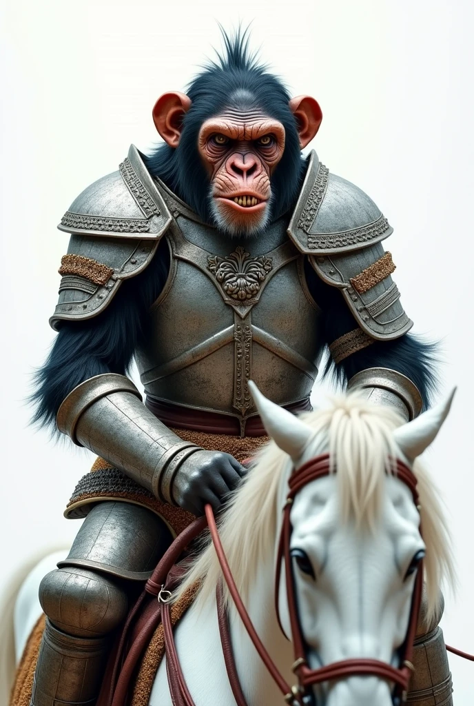 Angry chimpanzee in armor on a white painted horse