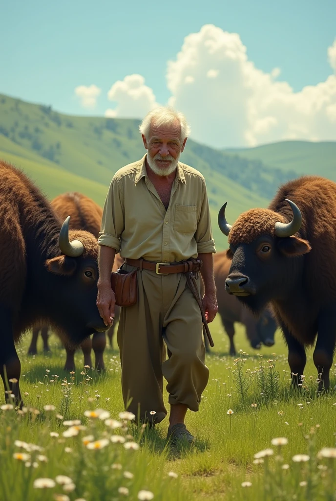 "An old man gently calling each buffalo by name in green fields , the animals looking at him with understanding eyes, a bond between them clear in the scene."