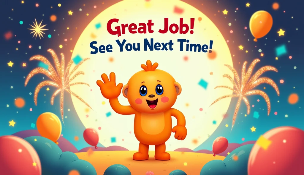 Design a cheerful closing screen for a children’s counting video. Feature a colorful, festive background with elements like confetti, balloons, and fireworks. Include a friendly character or mascot waving goodbye and a message such as ‘Great Job! See You Next Time!’ with a big smiley face or thumbs-up icon. The design should feel celebratory and encouraging.”