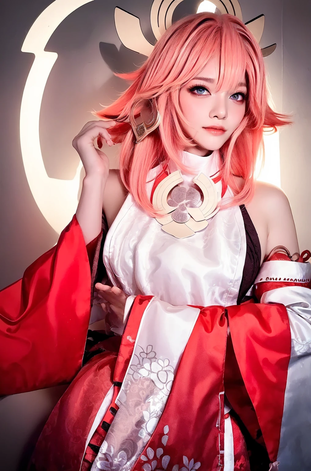 face lighting,bright lights, backlight, Round big, ultra high resolution, The ultimate masterpiece, best quality, RAW photos, (reality_photoreal_reality:1.7), photoreal스틱, whole body, Upper body focus, 16K, uhd, ultra detail, Accurate color, High color, Senji,1 woman,yae miko_\(genshin impact\),alone, (realistic:1.7), long hair, pink hair, separated sleeves, looking at viewer, bijouterie, bare shoulders,japan 옷, forehead,wide sleeves,earring,shiny skin, Fair skin, White skin, beautiful face, pretty eyes, Pretty nose, Pretty mouth, shiny pink lips, Beautiful jawline and neck line, Perfectly proportioned beautiful body, slim waist, Beautiful real hands, Beautiful fingers, round big ass, nice long legs, Attractive professional model, sedentary, Natural pose, japan, japan 전통 가옥 실내 배경, window, hair between eyes,shirt, orange eyes,animal ears,headdress, white shirt, thighs 끈, red skirt,fox ears, closed mouth, laugh, Non-traditional Miko, very long hair, floating hair, long sleeves, skirt,thighs,