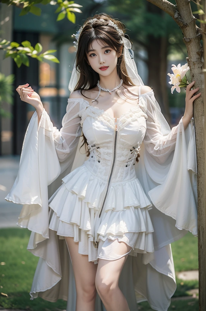dark dress, (best quality, masterpiece:1.2), tianfeng1, Extremely detailed, (Practical:1.37), beautiful, youth, Charming female model, sweet smile, Sweetheart girl, Warm colors, ((Full body view,Skin is firm and smooth)), ((Random scenes,Random shooting angles)), ((Elegant and natural gesture)), (big eyes, Exquisite eyes, Delicate lips, Exquisite eyes), Available in white and floral pattern, Show a bright smile, fit, Full breasts, ((Large Breasts)), Long legs, Create a stunning photo of a girl