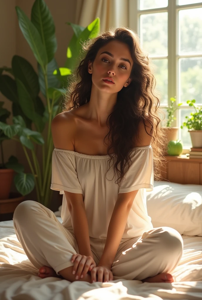 (photorealism:1.2), beautiful woman, sitting on bed, wearing loose off-shoulder top, pajama pants, long curly hair, indoors, soft lighting, plants in background, window with sunlight, cozy room, relaxed pose, realistic, intricate details, warm colors, by Greg Rutkowski, by Alphonse Mucha