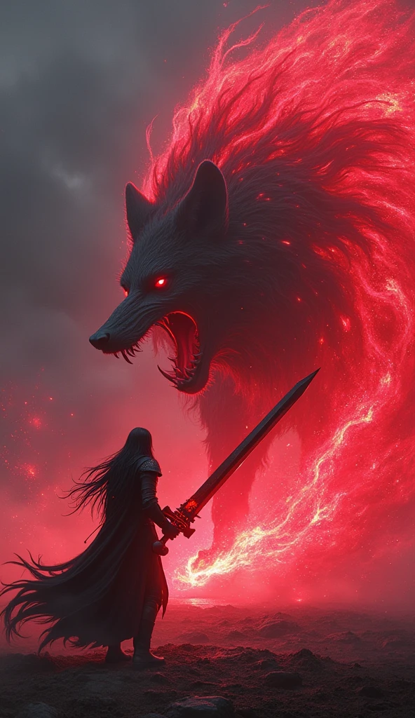 On a shadowed battlefield, Varis stands tall and imposing, his long black hair flowing like a dark river around him. His piercing red eyes glow with fierce intensity, and from his gothic black armor, adorned with blood-red gemstones, crimson light crackles and pulses with raw energy. As he grips his massive greatsword, the blade begins to glow with a deep, ominous red hue, the power within it building to a crescendo. With a powerful swing, Varis unleashes his new ultimate attack. The blade cuts through the air with a fierce howl, and from the sword’s path, a blazing red aura erupts, taking the form of a massive, snarling wolf. The spectral wolf, its body composed of swirling red energy, leaps forward, its fangs bared as it charges towards the enemy, ready to tear through anything in its way. The battlefield is illuminated by the crimson glow of Varis’s attack, the sheer force of his power echoing through the night as the red wolf-shaped aura strikes with devastating precision.