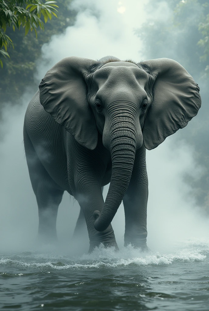 The elephant was boiling over the water