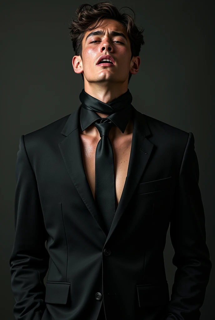 the satin black tie is pressing hard, is causing suffocation, wraps, the young man's throat, Thin, courageous, a pale, An American, handsome, very wet and sweaty, the exhausted, The young man's beautiful face expresses the pain of suffocation, He's choking, the young man is dressed in a sweaty black men's suit, The youth's torso, struggle