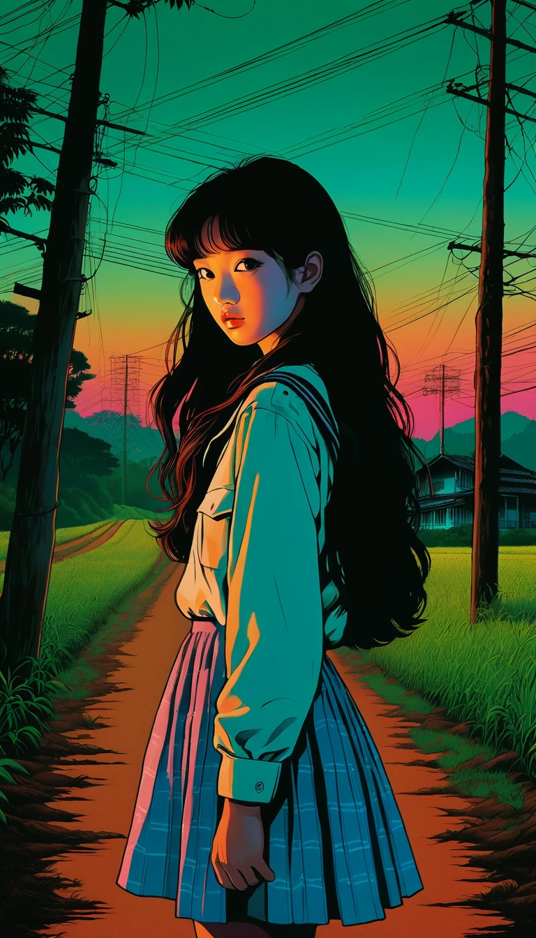 An illustration、art、80s Thai horror movie poster, Supervised by Junji Ito、(high school student:1.2)、countryside、evening、Attention to detail, Realistic Shadows、Analog Style, chromatic aberration, Surrealism、Complementary Gradient