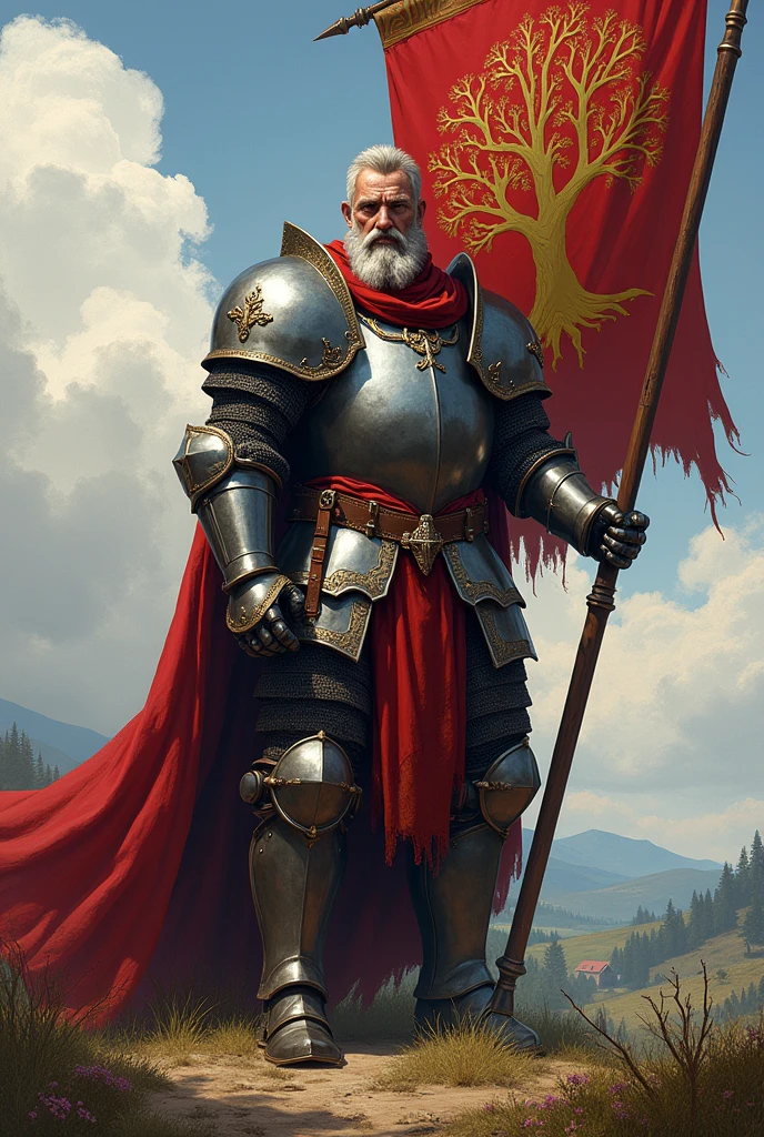 Create a medieval knight that is befitting to the name "Adamastos Gastof", Holding a banner with a tree logo, and a Battle hammer