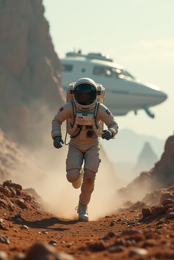 The astronaut ran towards the spacecraft while sending an emergency message..