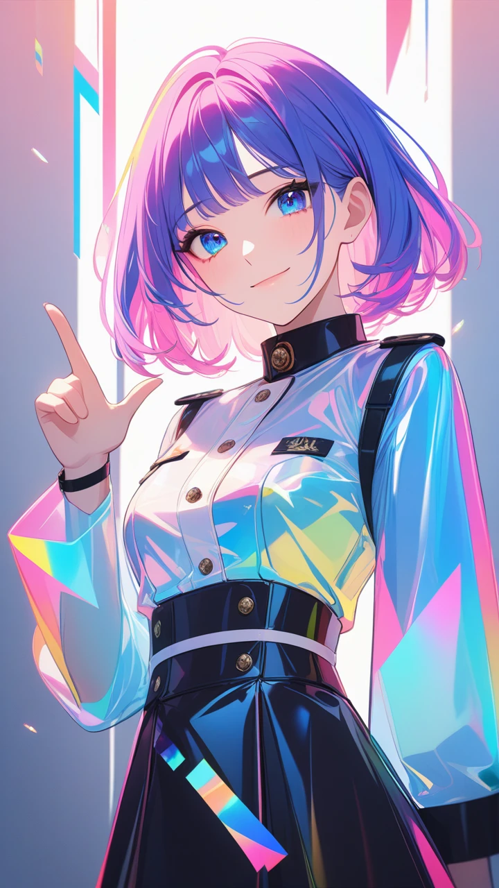 masterpiece, best quality, super wide angle, finger audience, 1girl,military uniform,pink and blue hair, hand, cute anime face, tears, transparent color PVC clothing, transparent color vinyl clothing, whole body, glitchlump}onface, smile,medium hair, film grain, lens flare, colorful,chromati caberration, dynamicpov, closed mouth, Intense emotional expression:death, glitchart, ultra detailed, extremely delicate and beautiful, album cover, album, album description, Pixilation on face, Double exposure, Chromatic Aberration, Light leaks, Noise and grain, Color degradation, Glitch lettering, art, abstractart, geometry, clear lines, squares, bright, limited palette,{canonical composition}, neat diagonal striped background, {{blue with white striped background}},{limited palette}, flatvcolored,blue and white,