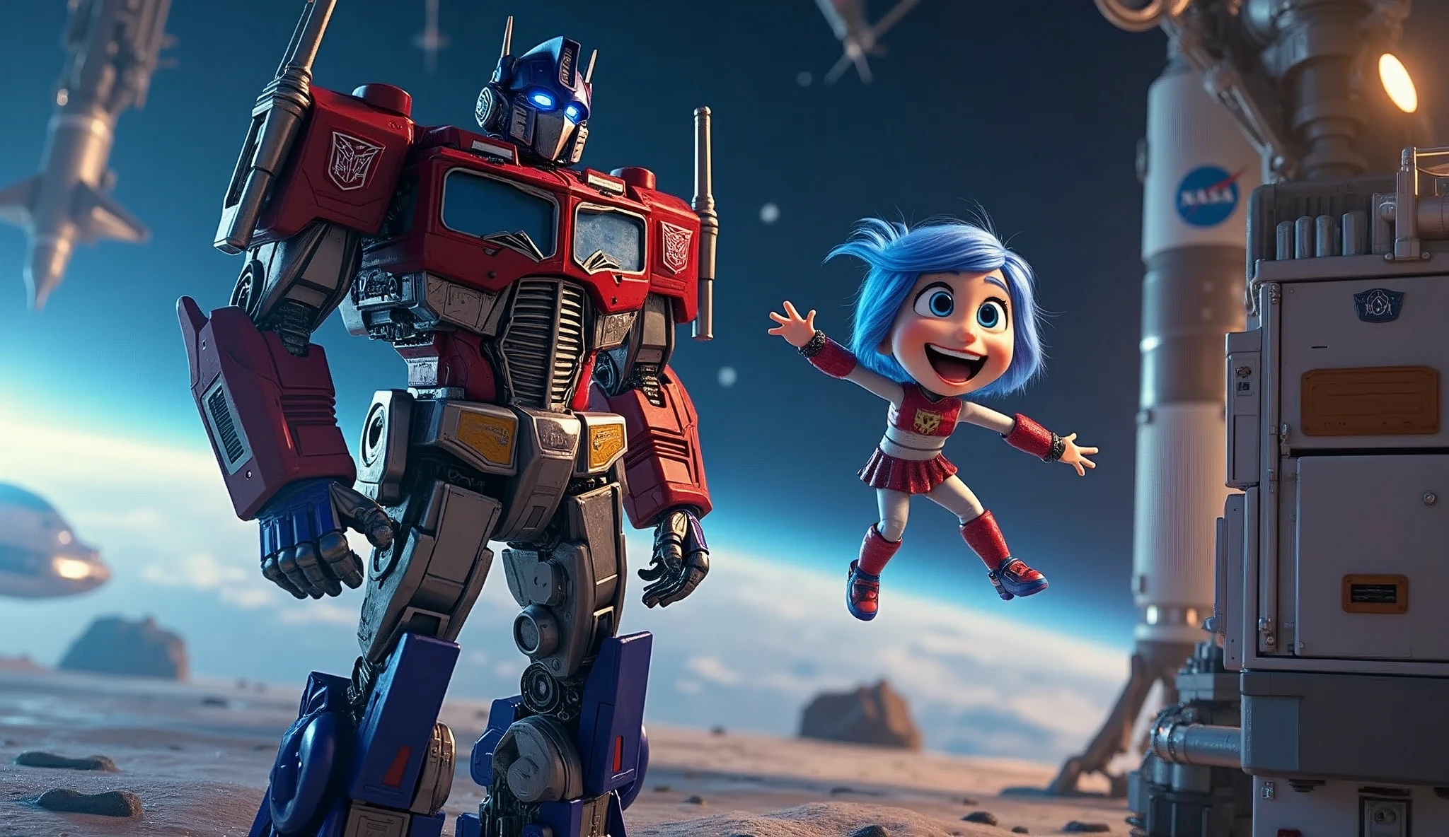 Optimus Prime, Transformers robot, Joy from Inside Out, NASA, space background, highly detailed, cinematic, 4K, photorealistic, dramatic lighting, hyper-realistic, dynamic composition, intricate details, masterpiece, (best quality,4k,8k,highres,masterpiece:1.2),ultra-detailed,(realistic,photorealistic,photo-realistic:1.37),HDR,UHD,studio lighting,ultra-fine painting,sharp focus,physically-based rendering,extreme detail description,professional,vivid colors,bokeh,science fiction,cinematic,Bayverse style,hyperrealism