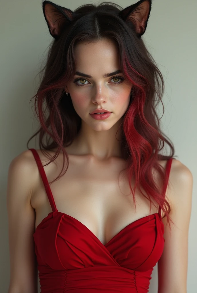 Emma Watson is a beautiful woman with cat ears. She has brown eyes. She has long black hair with red roots. She has a beautiful face with human features.. she has big breasts. She is wearing a sexy, fitted red dress. Photorealistic style.