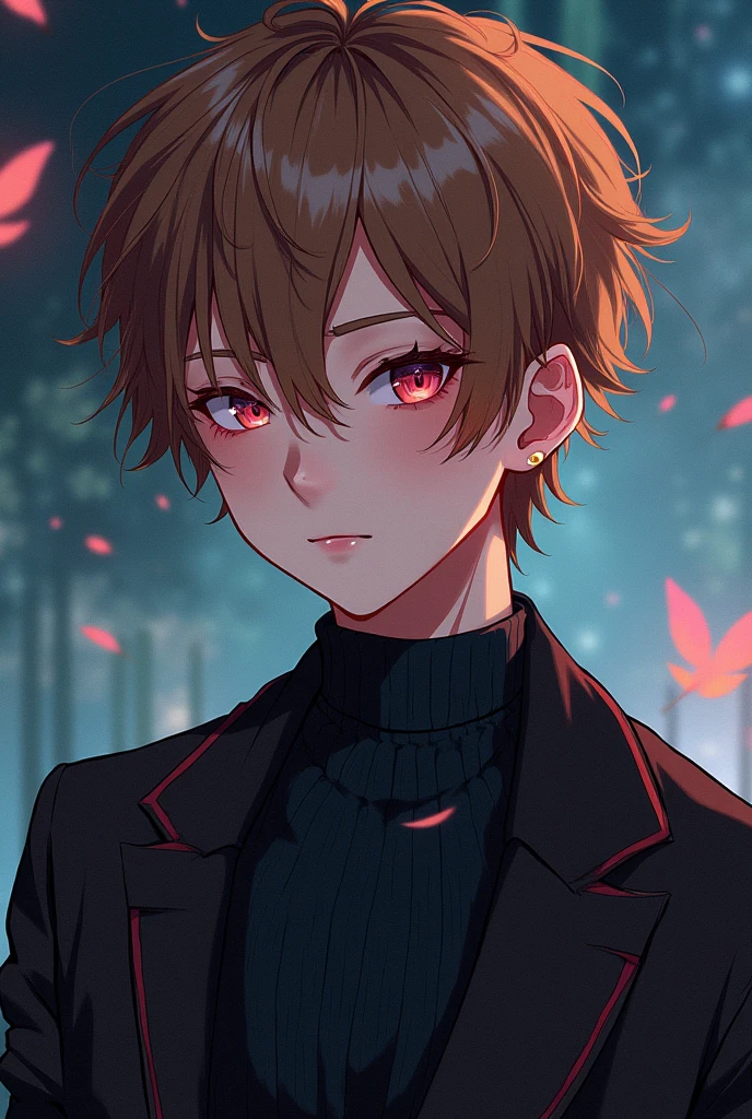 Generate an anime-style image of a 17-year-old boy, with fair skin and brown hair with a slight blonde gradient, If possible, he should have makeup, and an alternative style similar to vkei
