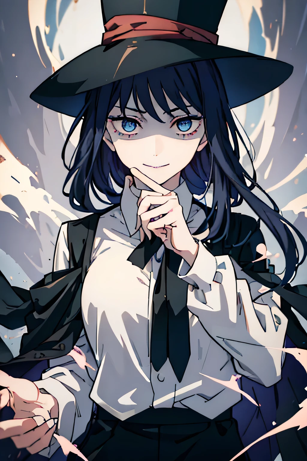 Long straight black hair,blue eyes,Sharp eyes,Smiling,Wearing black formal suit、white lining、Female magician in black trousers,She wears a black top hat,Place the index finger of the right hand on the lips,Signal to others to be quiet;Holding a stack of playing cards in the left hand,To take a bow for a grand performance,Flames and smoke swirled around her.