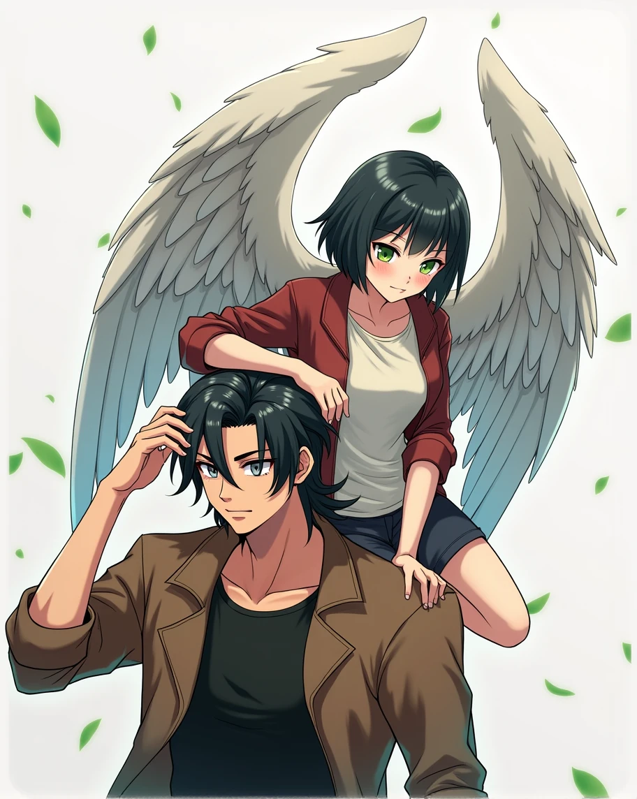 2 people. boy, long black hair, grey eyes, in a black T-shirt and a brown jacket, Beautiful face, beautiful body, 2 a girl with angel wings sits on his shoulder black short hair to shoulders, green eyes, anime art, masterpiece, realistically
