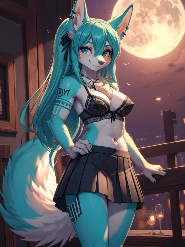 Miku Hatsune, add high definition_detail:1, blue fur,kitsune ears, tribal tattoo add_detail:1, posing during a full moon showing off her beautiful figure and her outfit. (black lingerie, pleated mini skirt)sweaty body add_details:1, smiling add_detailsl:1, ear piercing add_detail:1, despeinada, after party