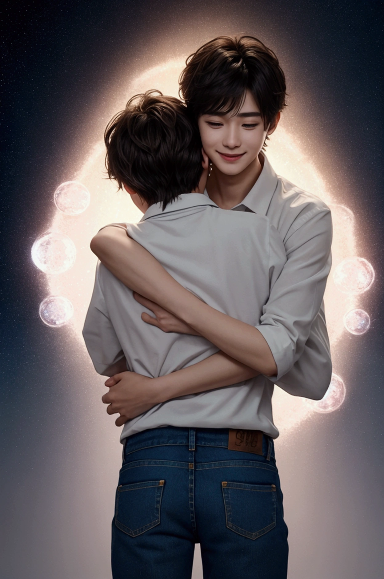 this is、This is a high-quality 4K masterpiece CG image featuring highly detailed and intricate designs..。Intricate details、1:Boy with a guitar（Brown Hair、tered, unruly hair throughout the body、），Very delicate eyes，Top and bottom of jeans，（At the center is a boy with a smiling face）、1:A personified particle AI next to the boy，（Personified AI、Hug from behind）The background is a neon pop abstract art style、1:Computer Lab，Cinema Lighting、Many bubbles flowing in a fine stream、that features slowly moving notes。The whole is enveloped in ultra-fine particles.、Focus on happiness and dynamic background elements、that&#39;Vivid and intricate imagery.。