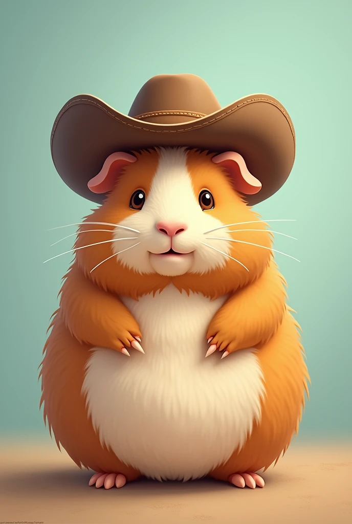 A guinea pig with curly fur wearing a cowboy hat in front of a blue-green background