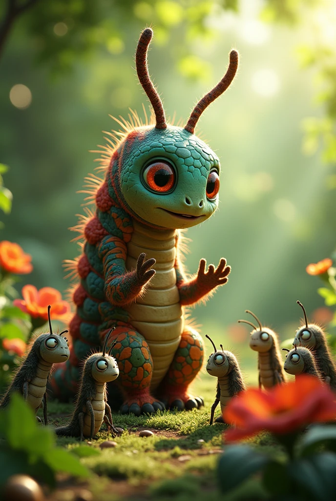 Caterpillar telling her story to a group of young caterpillars, with them looking up at her in admiration.