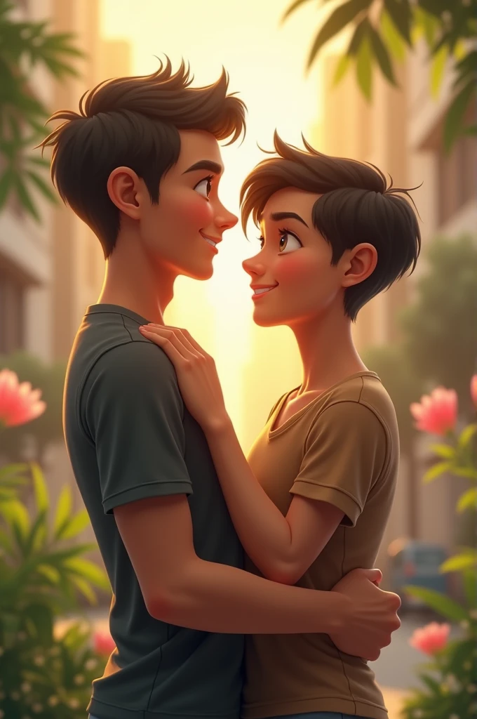 Create a young gay couple with height differences