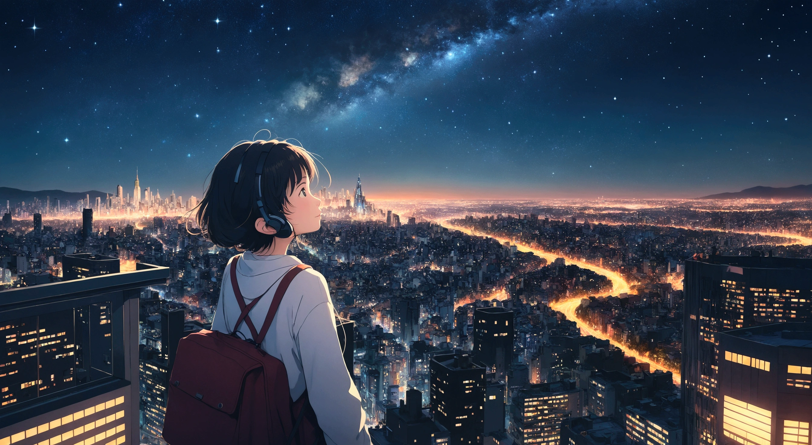 A beautiful cityscape viewed from a high vantage point under a vast starry sky. A girl is looking up at the star-filled night sky, listening to music. The scene should have a Studio Ghibli-inspired style, with a dreamy, whimsical atmosphere. The image should be in a 16:9 aspect ratio.