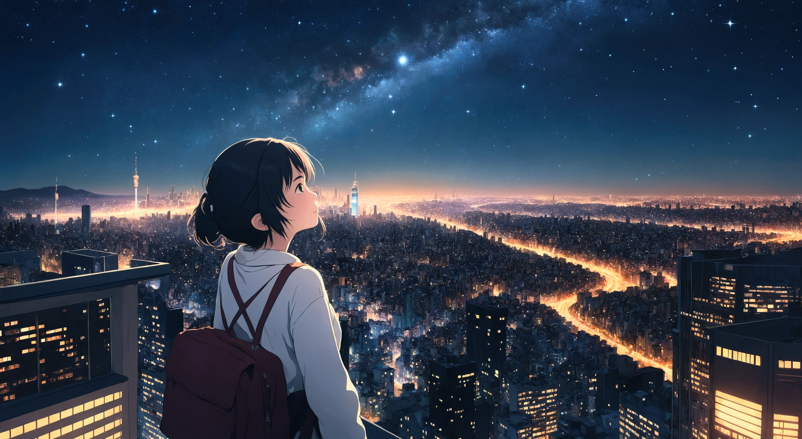 A beautiful cityscape viewed from a high vantage point under a vast starry sky. A girl is looking up at the star-filled night sky, listening to music. The scene should have a Studio Ghibli-inspired style, with a dreamy, whimsical atmosphere. The image should be in a 16:9 aspect ratio.