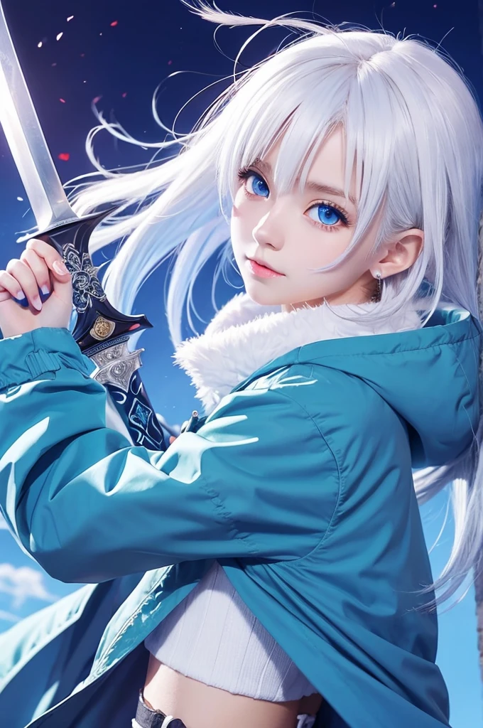 Cute anime style、Wearing a large jacket、A girl with white hair and blue eyes、Holding a big sword