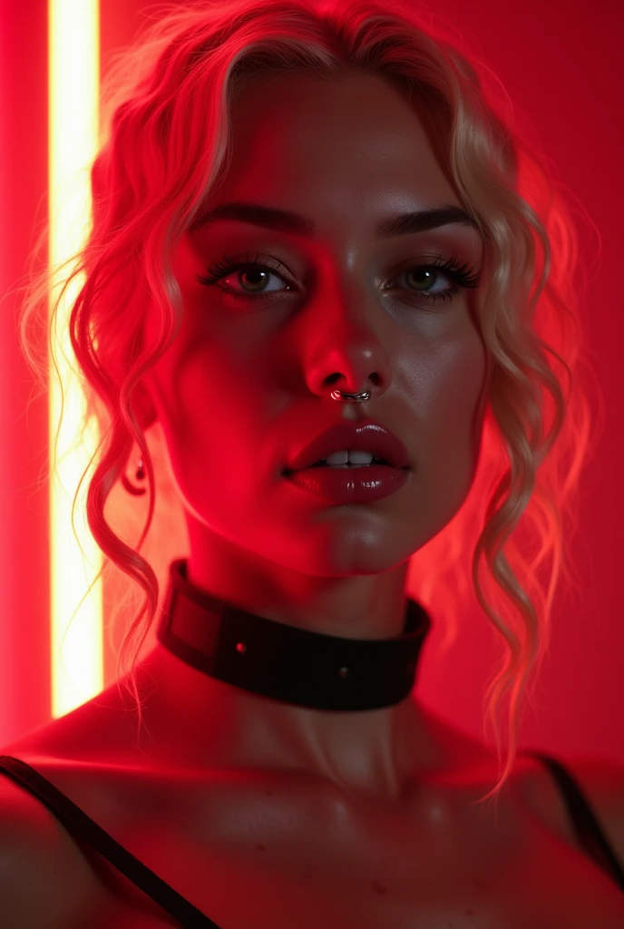 blond woman, young, short curly white braids, septum piercing, dimples, thick collar around neck, naughty expression, red latex, red neon lights, dominating smile, close-up, UHD, retina, masterpiece, accurate, anatomically correct, textured skin, super detail, high details, high quality, award winning, best quality, highres