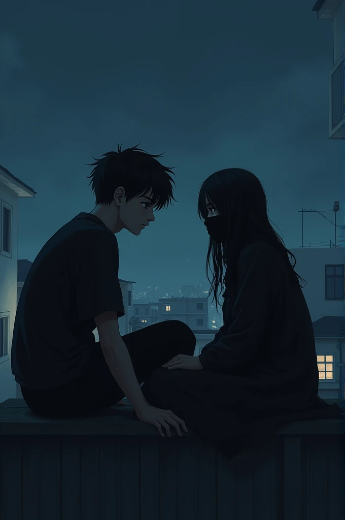 It is a dark night and a 20 year old boy is talking to himself alone on the roof of his house and a girl wearing a black mask is sitting next to him. The boy is very sad.
