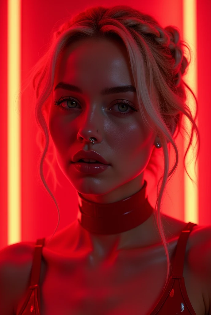 blond woman, young, short curly white braids, septum piercing, dimples, thick collar around neck, naughty expression, red latex, red neon lights, dominating smile, close-up, UHD, retina, masterpiece, accurate, anatomically correct, textured skin, super detail, high details, high quality, award winning, best quality, highres