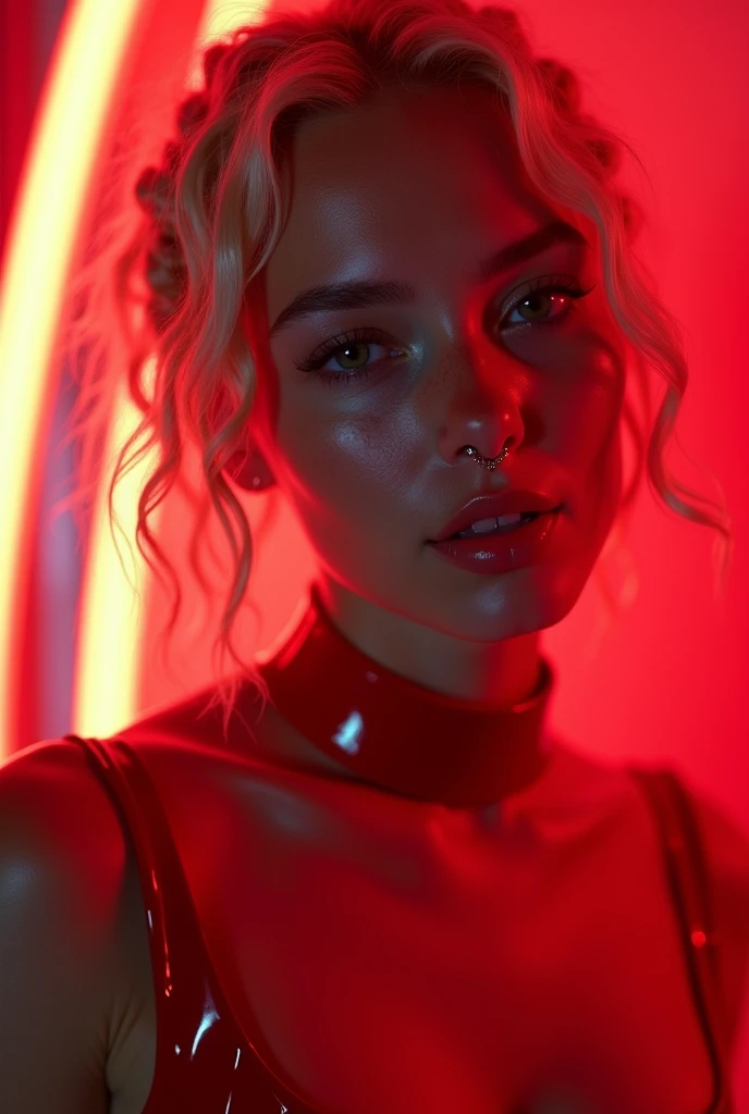 blond woman, young, short curly white braids, septum piercing, dimples, thick collar around neck, naughty expression, red latex, red neon lights, dominating smile, close-up, UHD, retina, masterpiece, accurate, anatomically correct, textured skin, super detail, high details, high quality, award winning, best quality, highres