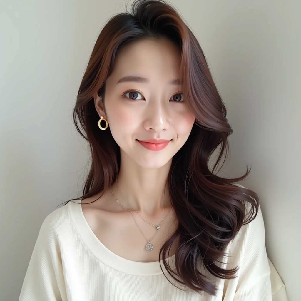 Korean、Cool Beauty、A pretty older sister、Thready hair、looking at the camera、Earrings、Short necklace、White clean top、Brown hair color、long、Straight, tapered ends、Slightly bouncy ends、Layered Cut、Weak curl、Body is tilted、Reduce hair volume、Airy feeling、