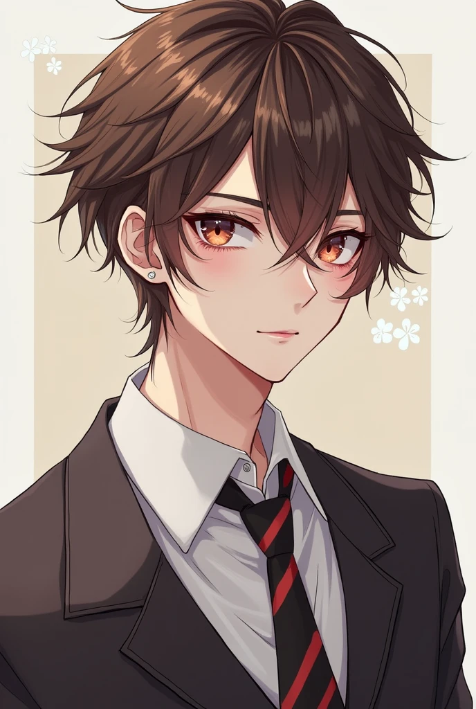 Generate an anime-style image of a 17-year-old boy, with fair skin and brown hair with a slight blonde gradient, If possible, he should have makeup, and an alternative style similar to vkei