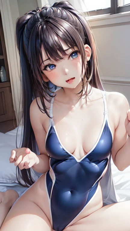 (Highest quality)), ((masterpiece)), (detailed), 一人ののBeautiful woman，Very sexy，(((Small Breasts 1.5,One Piece Navy Blue Competition Swimsuit))),By the pool,
Beautiful woman，Beautiful little face，Beautiful teeth alignment，Beautiful 8-head body line，Slender body，Beautiful Hands，Beautiful feet，Long hands，Long legs，Long and supple hair，Shiny Hair，Black Hair，No clothes，Embarrassed expression，blush，Thin lips，Beautiful shoulders，Beautiful clavicle、Woman sitting，On the bed，Excited，Semen in hair，Spread your legs，Lots of love juice in the crotch，((Ahegao 1.5))，orgasm，Please open your mouth wide，Sticking out tongue，Drooling，((((Spread your legs，Spread your legs仰け反った女性))))，(((Please raise your hand,Tying your arms above your head 1.6)))，Expressions of Ecstasy，Climax expression，blush，ponytail,