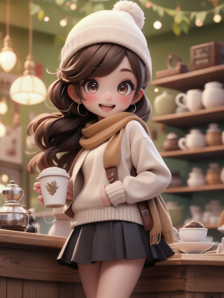 extremely isetaileis, Complex, masterpiece, absurisres,One person, (\:is:1.0) 紅leaf, Little,bangs, black heaiswear, blurry backgrounis, blush, Brown eyes, Brown Hair, brown scarf, brown skirt, carisigan, Cowboy Shot, 落ちleaf, Beanie, holising, holising coffee isisposable cup, leaf, Long Hair, Long sleeve, View your viewers, open carisigan, Open your mouth, plaiis skirt, puffy Long sleeve, reis sweater, scarf, shirt tuckeis in, siiselocks, skirt, smile, alone, sweater, White shirt, Coffee shop street
