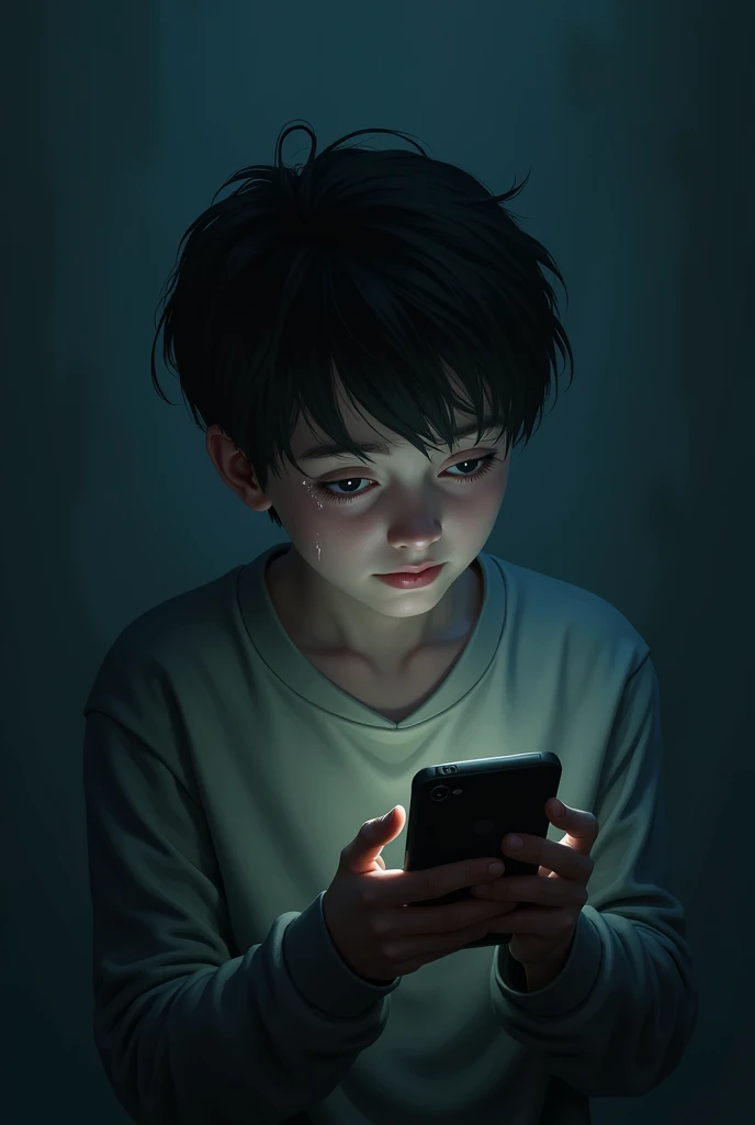 A boy who has lost his love, calls his girlfriend, but because of being busy, he looks sadly at his phone and cries.
