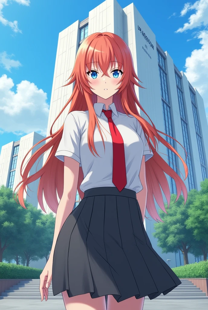 anime, A beautiful woman with long, reddish-blonde hair, not too tall, wearing the school uniform seen in the anime My Hero Academia., Currently standing in front of UA High School, the setting from the anime My Hero Academia