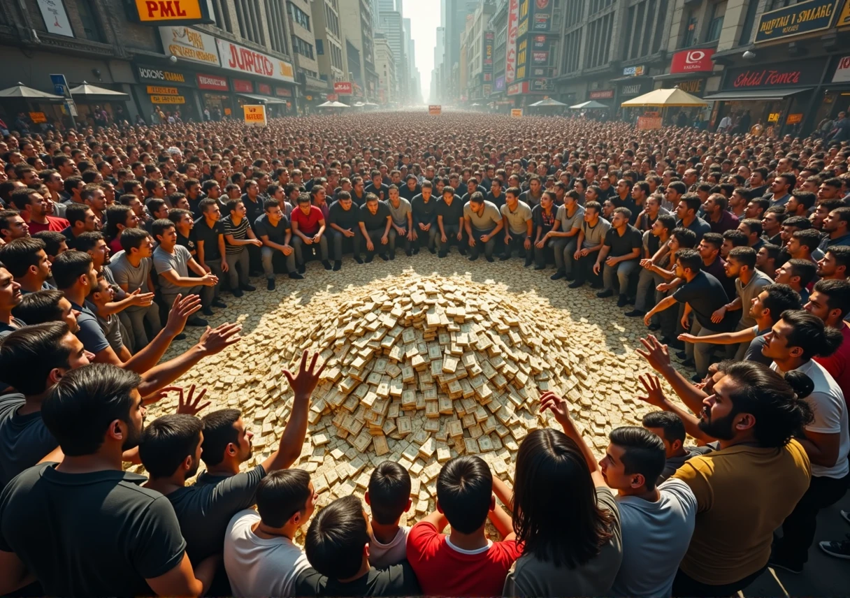 there is a large crowd of people around a pile of money