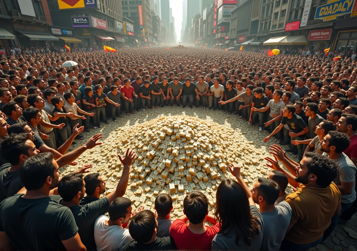there is a large crowd of people around a pile of money
