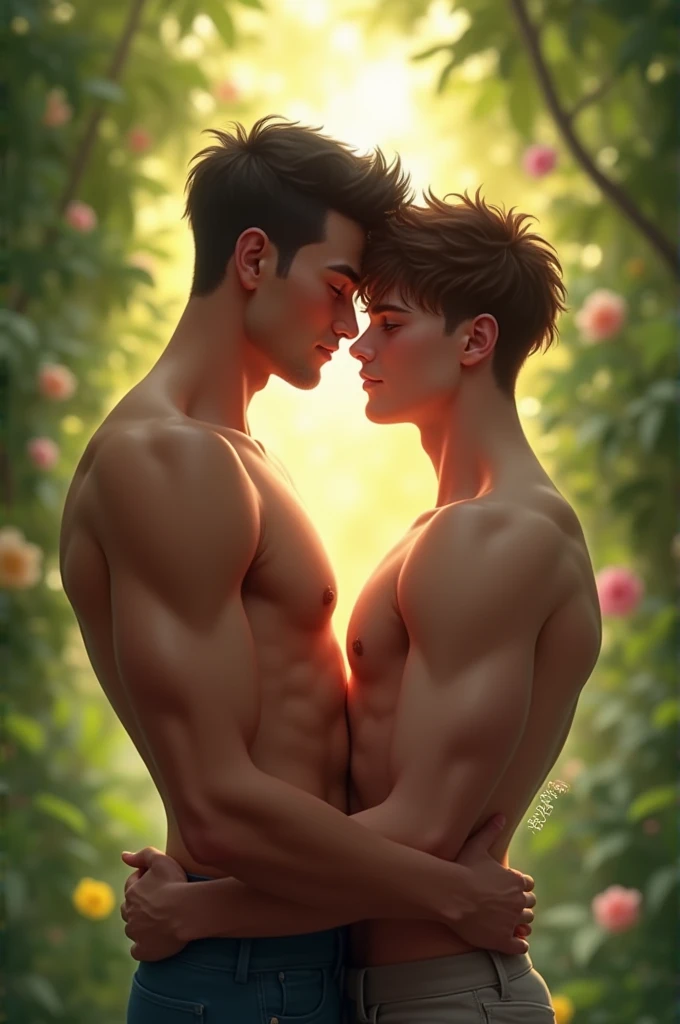 Create a  young gay couple with height differences 