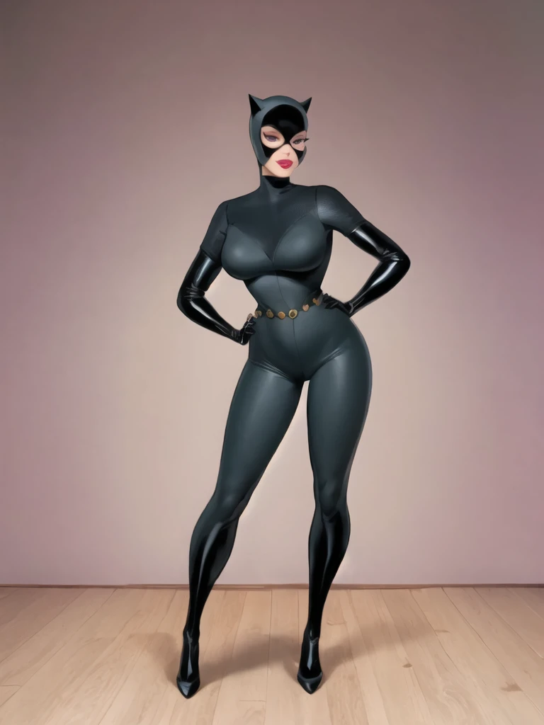 Bowei, catwoman, selina kyle, 1girl, full body, slim body, slim thighs, bodysuit, belt, detail eyes, mask , solo, lips, gery bodysuit , looking at viewer, simple background, gloves, room background, mole under mouth, eyeshadow, hands on hips, grey bodysuit,leather, latex, purple lips, 8k detailed,