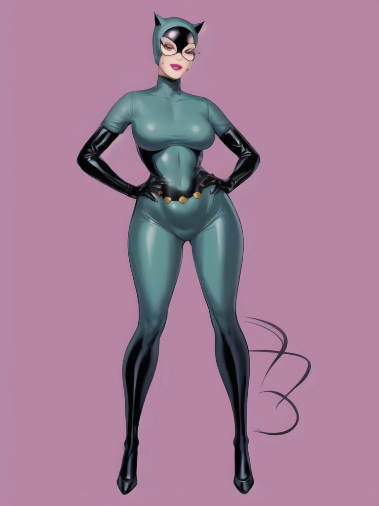 Bowei, catwoman, selina kyle, 1girl, full body, slim body, slim thighs, bodysuit, belt, detail eyes, mask , solo, lips, gery bodysuit , looking at viewer, simple background, gloves, room background, mole under mouth, eyeshadow, hands on hips, grey bodysuit,leather, latex, purple lips, 8k detailed,