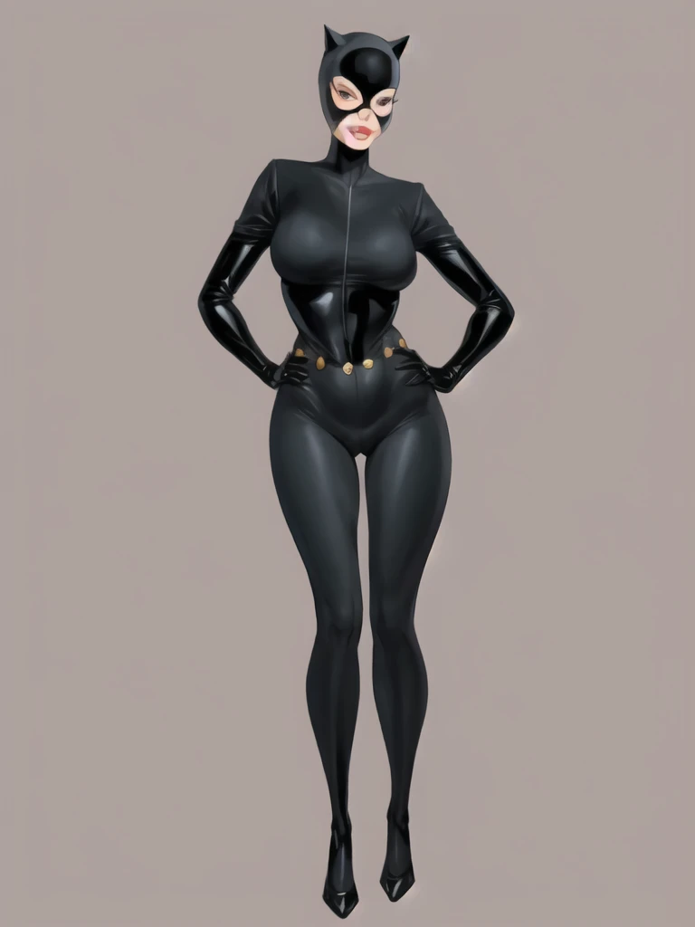 Bowei, catwoman, selina kyle, 1girl, full body, slim body, slim thighs, bodysuit, belt, detail eyes, mask , solo, lips, gery bodysuit , looking at viewer, simple background, gloves, room background, mole under mouth, eyeshadow, hands on hips, grey bodysuit,leather, latex, purple lips, 8k detailed,