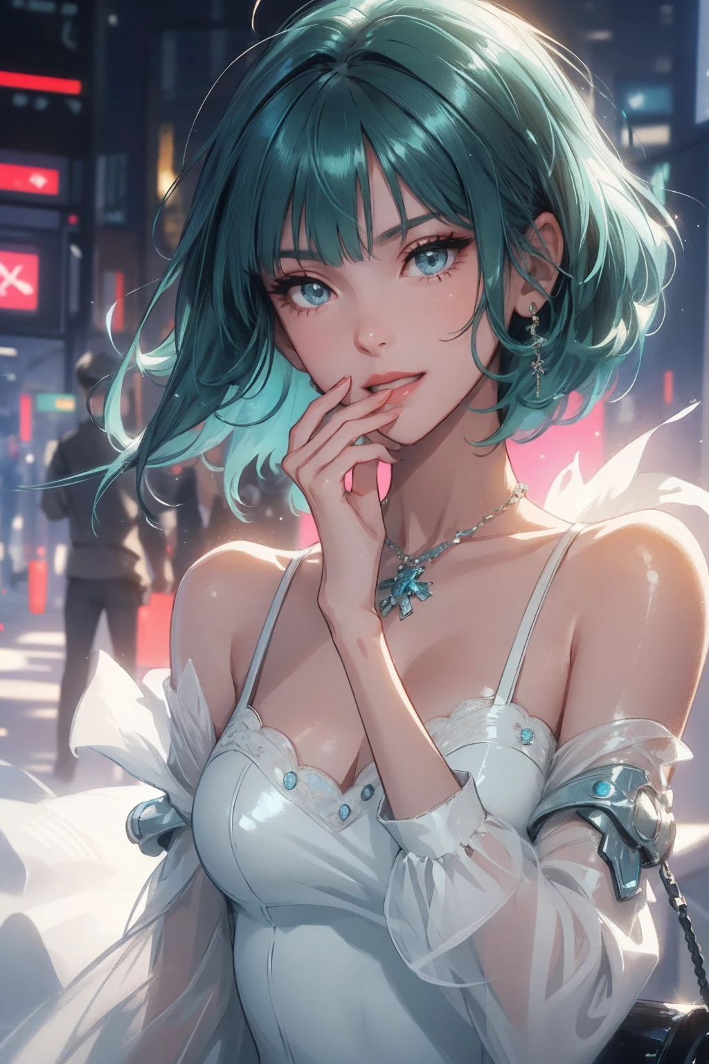 1girl,a beautiful fashion model ,(masterpiece, detailed background, best quality),short and shiny hair, blue green hair, hair with highlights, bangs, smirk,juicy lips,red lips, calmart, lingerie, stripping, elegant makeup, blue eyes, full body shot, (shiny skin), cyberpunk, sci fi, boa, extravagant jewelry, cocky expression, covered in jewelry, fancy, white dress, ((hand covering mouth, smug, discrete laughter)), perfect hand, five fingers