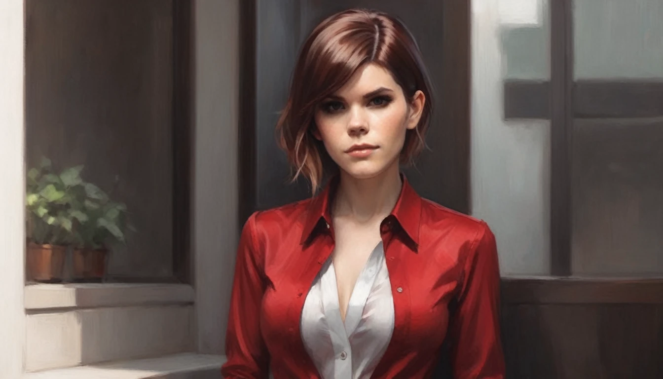 anime girl(kate mara) in red shirt and black tie posing for a picture, by Yang J, extremely detailed artgerm, rin tohsaka, artgerm jsc, artwork in the style of guweiz, beautiful digital artwork, artgerm. high detail, range murata and artgerm, style artgerm, ig model | artgerm