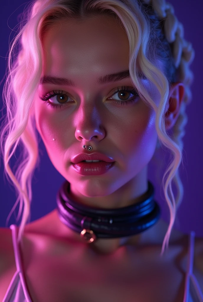 blond woman, young, short curly white braids, septum piercing, dimples, thick collar around neck, naughty expression, purple latex, studio lights, dominating smile, close-up, UHD, retina, masterpiece, accurate, anatomically correct, textured skin, super detail, high details, high quality, award winning, best quality, highres
