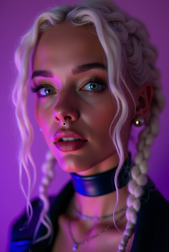blond woman, young, short curly white braids, septum piercing, dimples, thick collar around neck, naughty expression, purple latex, studio lights, dominating smile, close-up, UHD, retina, masterpiece, accurate, anatomically correct, textured skin, super detail, high details, high quality, award winning, best quality, highres