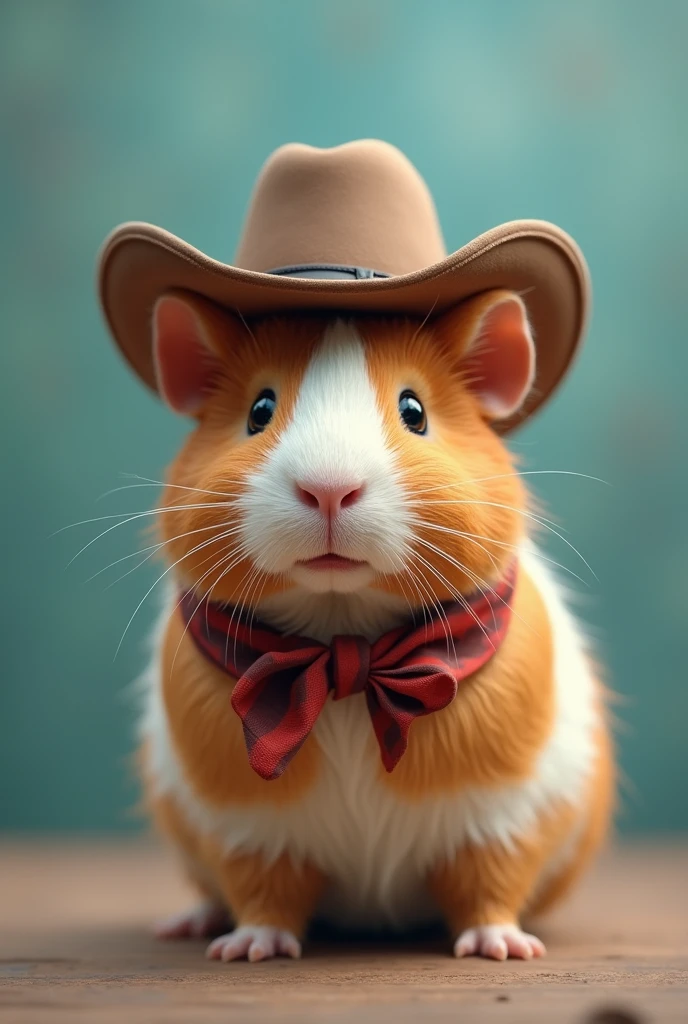 A guinea pig wearing a cowboy hat in front of a blue-green background